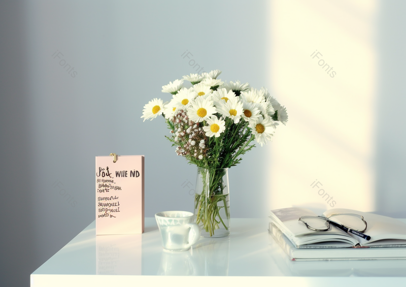 简约简单的桌面上以上白色的花和书本文具,高清,摄影图,摄影图片,图片大全,摄影图免费下载